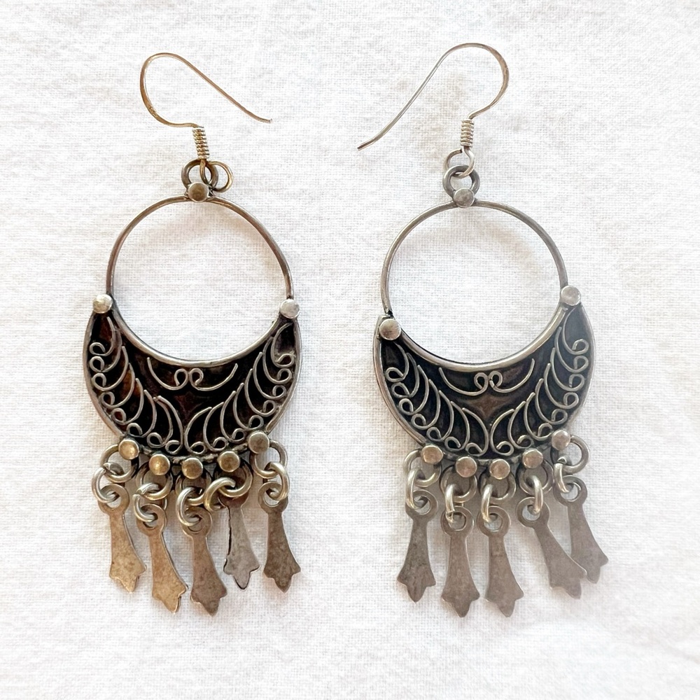 Vintage 80s Sterling Silver Tribal Dangle Earrings